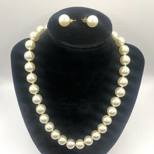 Vintage Knotted Faux Pearl Necklace 18" 10mm Gold Clasp And Matching Earrings